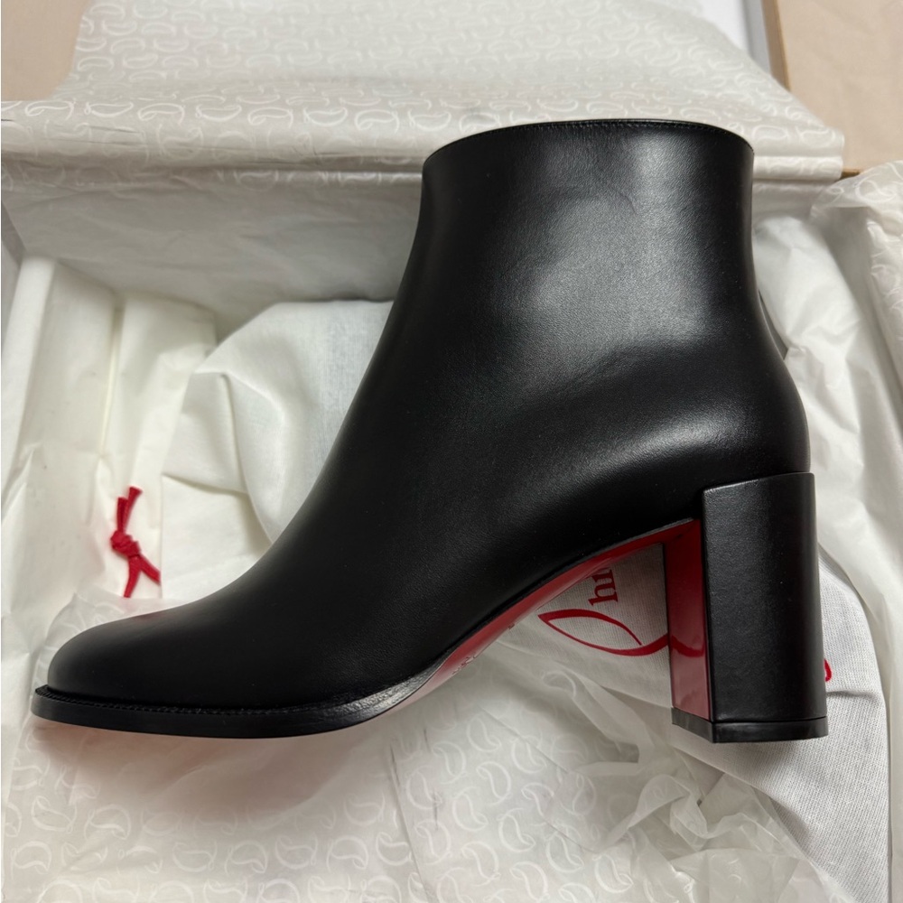 Christian Louboutin Black Leather Ankle Boot with Signature Red Sole